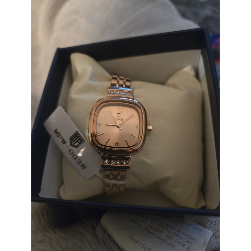 Montres Prestige Rose Gold Tone Square Dial Crystal Watch MPW-0038 New in Box